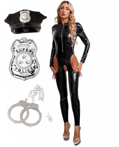 Runhomal Women's Police Uniform Cop Halloween Costume Adult 4pcs Role Play Cosplay Outfits Set