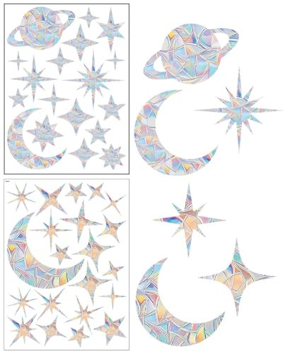 UYRVAPE 2 Blatt Stern Mond Prisma Fensteraufkleber Vogelschutz, Vogelschutz für Glasscheiben,PVC Suncatcher Sticker Regenbogen Fensterfolie,Anti-Kollisions-Aufkleber,Vogelschutz Aufkleber für Fenster