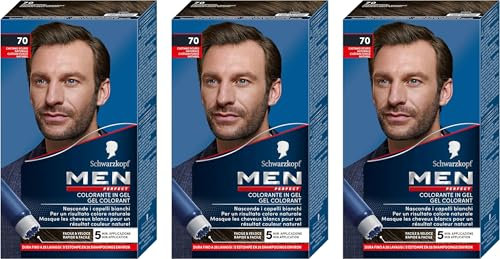 Schwarzkopf, Men Perfect, Tinta Colorante in Gel, Copertura dei Capelli Bianchi, Risultato Effetto Naturale, Dura Fino a 28 Shampoo, Tonalità 70 Castano Scuro Naturale, 3 confezioni