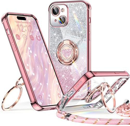 XYZ for iPhone 15 Case with Stand, Soft Cute Luxury Love Heart for Women Girls, Double Ring Bling Glitter Clear with Lanyard Protective Phone Cover Case for iPhone 15 - Pink
