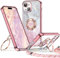 XYZ for iPhone 15 Case with Stand, Soft Cute Luxury Love Heart for Women Girls, Double Ring Bling Glitter Clear with Lanyard Protective Phone Cover Case for iPhone 15 - Pink
