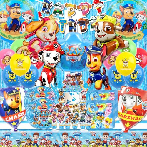 HTTMTTS Paw Dog Patrol Geburtstag Deko, 96 Stück Paw Dog Patrol Geschirr Set mit Luftballons, Tortendeko, Servietten, Tischdecke, Papptellern und Kinderbesteck für Paw Dog Patrol Kindergeburtstag