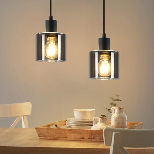 ZMH 2x Suspension Rétro en Verre Noir, Lustre industriel E27, Suspensions en Verre Fumé 1 Ampoule, Pour Cuisine, Salle à Manger, Chambre, Salon (Sans Ampoule)