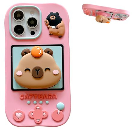 QoKcoahn Case for iPhone 12 Pro Max,Funny 3D Cartoon Capybara Bracket Pink Cases Cute Kawaii Phone Cases Soft Silicone Shockproof Protective Case Women Girls for iPhone 12 Pro Max