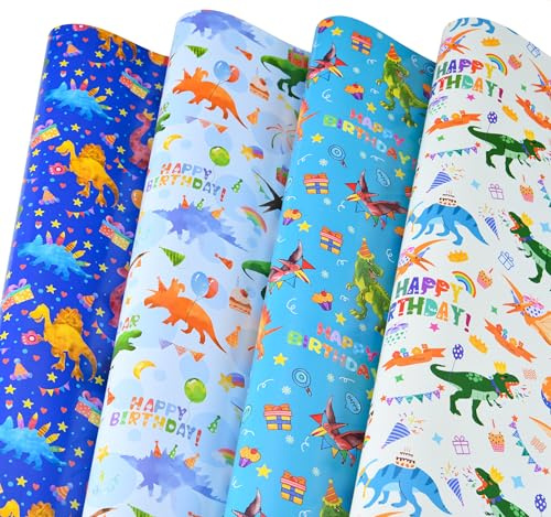 Titiweet Dinosaur Birthday Wrapping Paper, 6 Large Sheets, 39.4 x 27.6 Inches Each, Dinosaur Birthday Gift Wrap