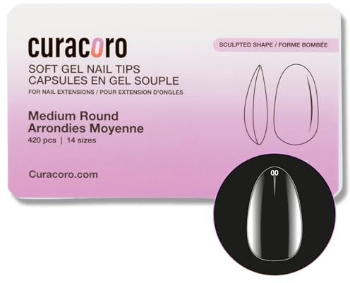 Curacoro Sculpted Nail Soft Gel Tips - 420Pcs Soft Gel Nail Extension Tips, 14 Sizes Clear Full Cover Fake Nails for Extension, Long-Lasting Salon Quality, Natural Look (Round, Medium)