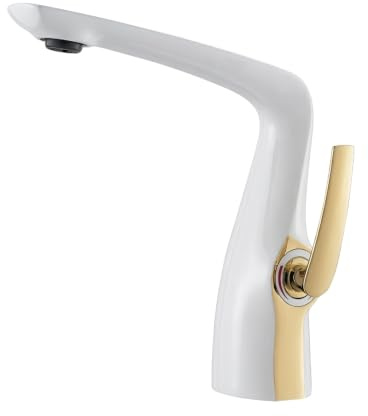 MayCon Misto Mitigeur Lavabo Haut Grand Format en Laiton Massif, Robinet Salle de Bain Monocommande avec Cartouche Céramique et Mousseur Économiseur d’Eau, Finition Blanc-Doré
