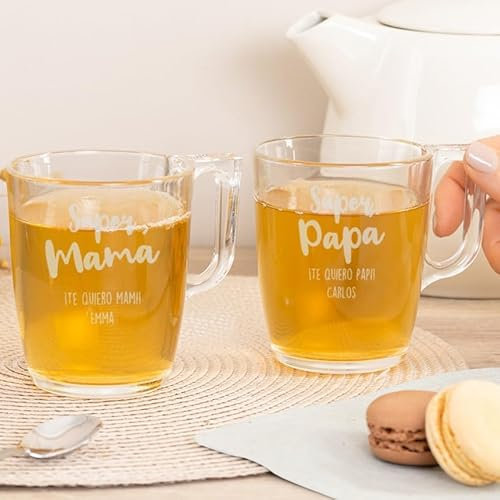 Wanapix | Pack 2 Tazas de Té Personalizadas con Nombre Grabado | Tazas de Cristal para infusiones | Capacidad 25 cl | Vidrio templado extra resistente | Aptas para Lavavajillas y Microondas | Super