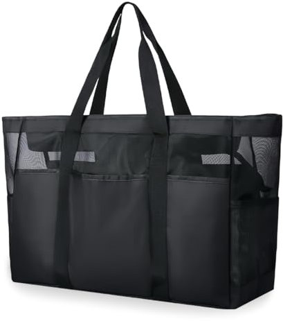 VerLuky Bolso de Playa de Malla Negro XXL Familiar con Cremallera,50 * 34 * 20cm Bolso de Playa para Mujer Grande,Impermeable Bolsa Playa para Viaje Compras Playa