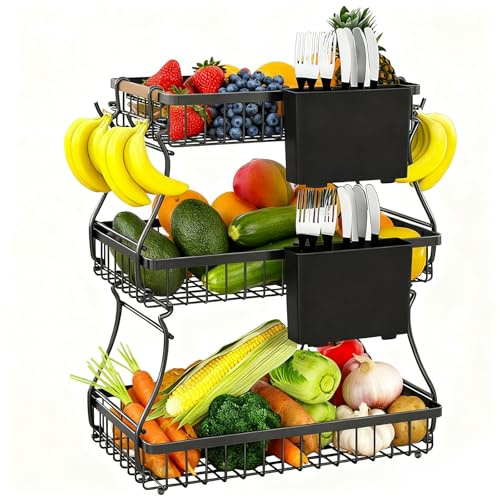 Polegas 3 Stöckige Obstkorb mit 2 Bananenhalter und 2 Messerhalter | Großer Obst Etagere aus Metall zur Gemüse, Snackbrot, Obst Aufbewahrung (Schwarz)