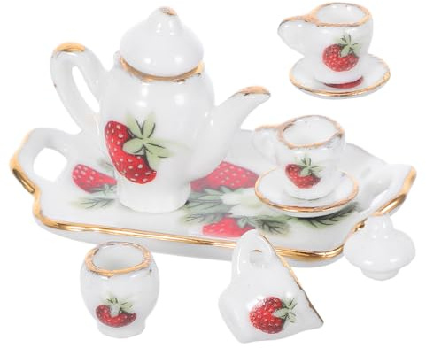 TOBBOMEY Miniatur Keramik Teeservice Satz Puppenhaus Zubehör mit Miniatur Porzellan Teekanne und Teetassen Kleiner Puppenhaus Küchen Deko für Rollenspiele und Sammler