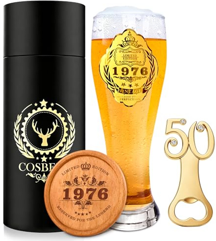 COSBERY 1976 Geschenke zum 50 Geburtstag Mann, 1976 Bierglas mit Gravur 580ml, Personalisierte Deko 50. Geburtstag Mann, Bier Geschenke für Männer, Geburtstagsgeschenk für Männer 50 Papa Geschenkidee
