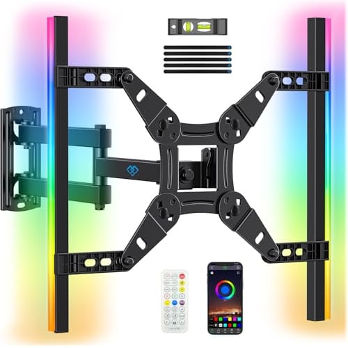 PERLESMITH Full Motion TV Wall Mount with LED Light for Echo Show 21/15 and 12″–42″ TVs up to 20kg, Max VESA 200 x 200mm, Backlit TV Bracket with Music Sync, Rotation, Swivel, Extension and Tilt