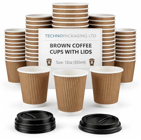 12 oz Brown Disposable Kraft Paper Ripple Cups with Lids - Pack of 50 Insulated Triple Wall Takeaway Drinking Cup - Great for Coffee, Tea, and Hot Drinks - Reusable, Leak Proof Travel or Office Cups