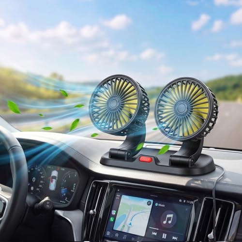 Coikes Ventilador de Coche 12V 360 ° Giratorio Ventilador Coche Doble Cabeza 2 Velocidades con Encendedor de Cigarrillos Aire Acondicionado Coche Portatil para SUV RV ATV Barco Carro