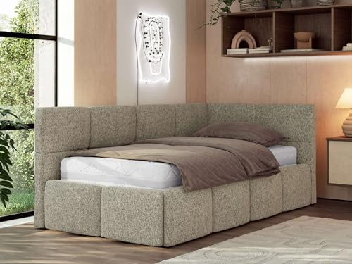 Jugendbett ARVO 90x200 cm mit Lattenrost und Bettkasten, Polsterbett mit gepolstertem Kopfteil und Gasdruckfedern, Eckbett mit Stauraum - ohne Matratze - Dunkelbeige Strukture - Rechts Seite