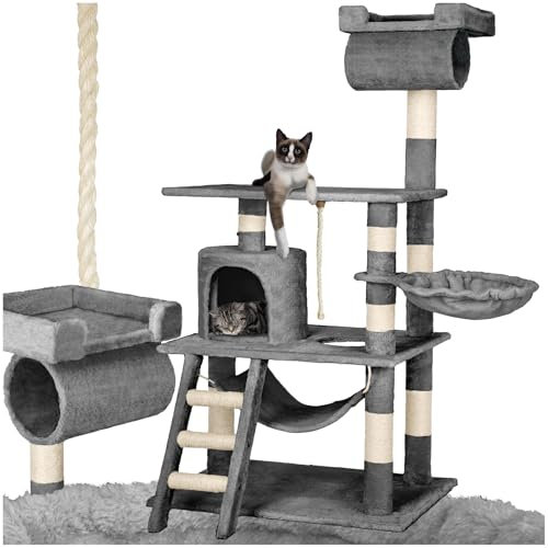 tectake Kratzbaum für Katzen mit Katzen Hängematte, Liegemulde, Höhle, Treppe, Röhre und Spielkordel, Kratzbaum groß mit Sisal und Plüsch, Kratzmöbel Katzenbaum groß XXL mit Hängematte Katze