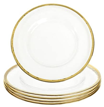 Koyal Wholesale - Juego de 4 platos cargadores de cristal transparente con borde dorado, platos de carga de cristal martillado