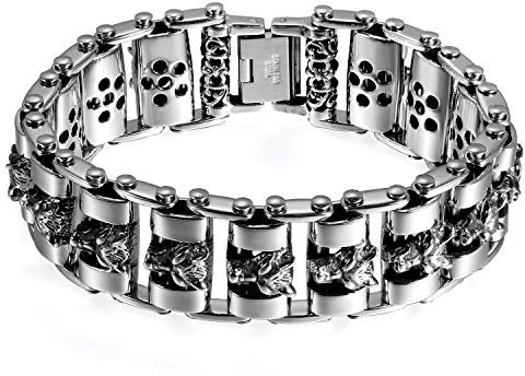 OIDEA Herren Edelsathl Fahrradkette Wolf Kopf Armband, 25mm Breit Große Biker Glieder Link Handgelenk poliert Panzerkette Kettenarmband Motorradkette, schwarz Silber