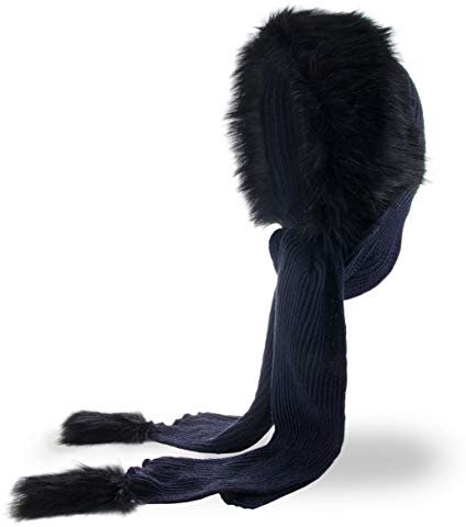 Futrzane Classic Kapuzenschal - Winter Schalmütze Damen - Mützenschal mit Fell (One Size, Marineblau - Schwarz Classic)