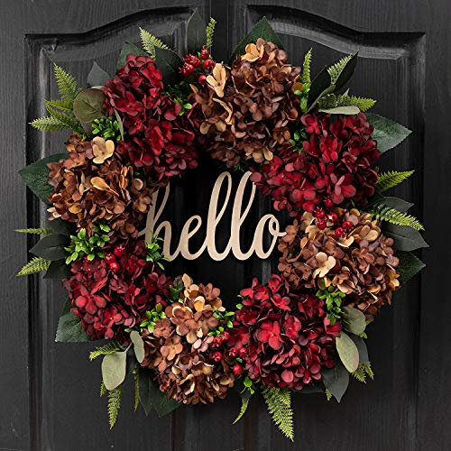 QUNWREATH handgefertigter Hortensienkranz 48,3 cm braun und rot, Vordertürkranz, schwere Geschenkbox, Einweihungsgeschenkkranz, Landhauskranz, Herbst- und Winterkranz, Fensterdekoration