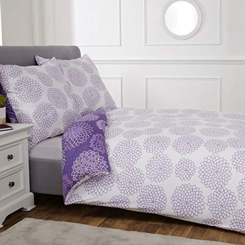 Sleepdown Bettwäsche-Set mit geometrischem Spiro-Blumenmuster, Ultra-weich, pflegeleicht, hypoallergen, weißer Druck, wendbar, 155 x 220 cm + 2 Kissenbezüge 80 x 80 cm, Violett