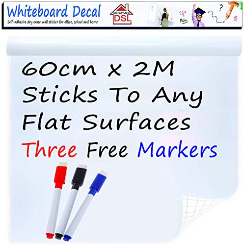 DSL Thick DIY Whiteboard Sticker 200cm x 60cm Self Adhesive Chalkboard Paper 23.6 x 78.7 Dry Wipe Wall Sticker Wall Paper with 3 Free Eraser Markers for School/Office/Home/Bar