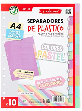 Starplast Pack 10 Separadores Pastel - Para Carpeta o Archivador 2-4 Anillas, Organizadores, Polipropileno, Índice, Multitaladro, Clasificador, uso Escolar o de Oficina.