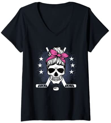 Damen Eishockey Ausrüstung Frauen Eishockeyspielerin Totenkopf T-Shirt mit V-Ausschnitt