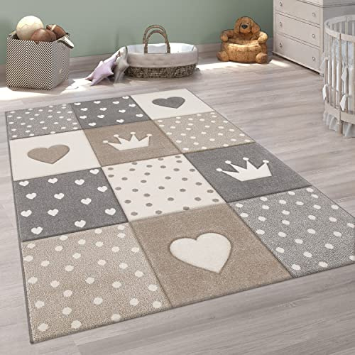 Paco Home Teppich Kinderzimmer Junge Mädchen Kinderteppich Spielteppich Kurzflor 3D Optik Pastell Punkte Herzen Krone, Grösse:200x290 cm