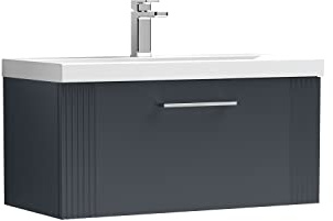 nuie DPF1496D Deco Modern Bathroom Wall Hung 1 Drawer Part Fluted Vanity Basin Unit with Thin-Edge Ceramic Basin, 800mm, Soft Black
