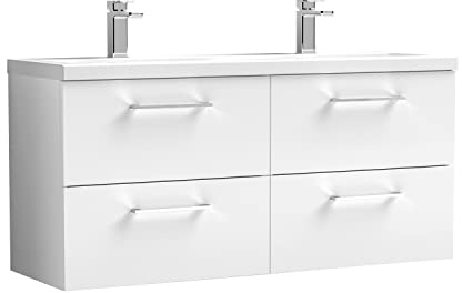 nuie ARN124F Arno Modern Bathroom Wall Hung 4 Drawer Double Vanity Unit with Twin Ceramic Basin, 1200mm, Gloss White