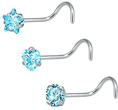 Daesar Anneau de Nez, Anneau Tragus Acier Chirurgical 16G 1.2mm Piercing Nez Cartilage Helix Stud Boucles d'oreilles Courbées Coeur Rond et Etoile Zirconium Argent Bleu, 3 Pièces