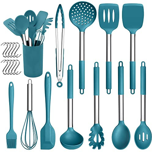Herogo Ensemble d'ustensiles de cuisine en silicone 22 pièces - Avec porte-ustensiles - Ustensiles de cuisine résistants à la chaleur avec poignée en acier inoxydable - Antiadhésifs et sains - Bleu