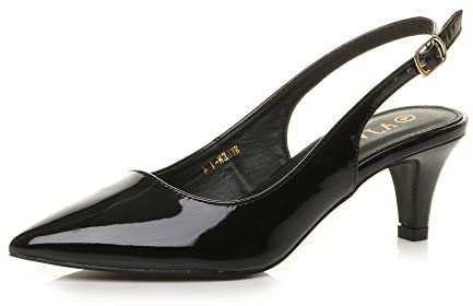 AJVANI Womens Ladies Low Heel 50s Slingback Buckle Pointed Open Back Shoes Size 3 36 Black Patent