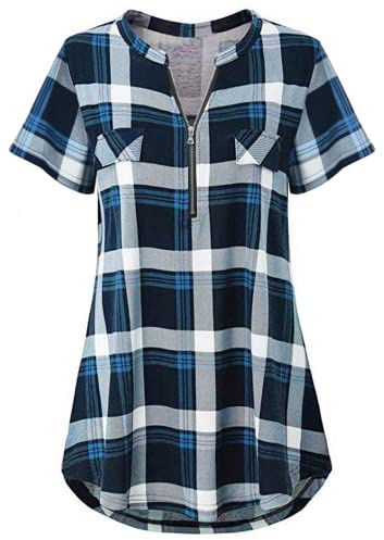 Odosalii Womens Summer Blouses, Short Sleeve Longline Tops, Blue Size 18