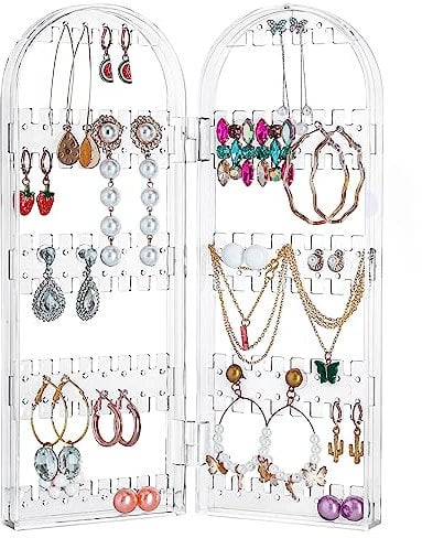 Kurtzy Porte Bijoux Pliable - 5 Niveaux & 2 Panneaux de Rangement Boucle d’Oreille, Bracelets & Colliers - Accueille 60 Paires de Boucles d’Oreille - Presentoir Bijoux Acrylique Transparent
