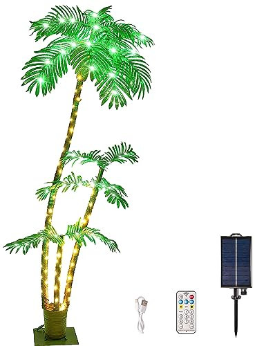 7FT Palm Trees for Outside Patio, Christmas Palm Trees Decor, Waterproof&Windproof Solar Light Up Tree, Artificial Lighted Palm Tree Party Decorations for Outside Indoor Patio Decor