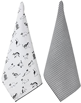 Penguin Home Geschirrtücher aus recycelter Baumwolle, umweltfreundlich, nachhaltig, einfarbig, gewebt und Bedruckt, mit Pompon-Spitze, Größe: 50 x 70 cm, Farbe: Weiß, Grau und Schwarz, 2 Stück
