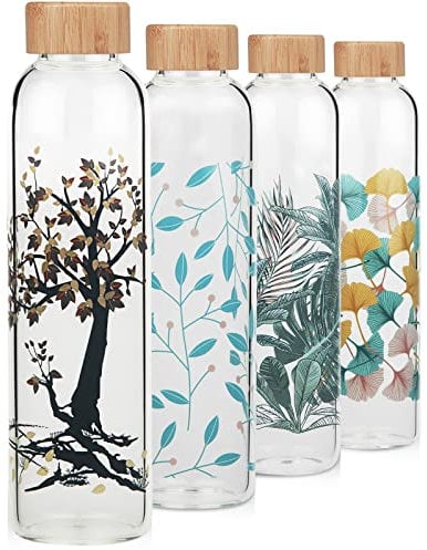 Cleesmil Sports Borosilicate Glass Water Bottle BPA Free Glass Drinking Bottle with Neoprene Sleeve 1000 ml / 1 litre (Tree)