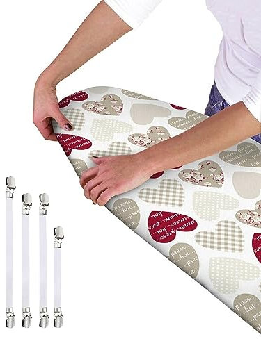 Ironing Board Cover - Universal Fit - 120 x 40cm + 4 pack Ironing Board Fitting Clips (Mink-Maroon Hearts)