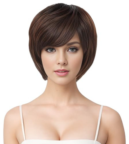 PARXITN Pixie Cut Perücke für Frauen Synthetische Perücke mit Pony Natürliches Haarteil Layered Haar Perücken
