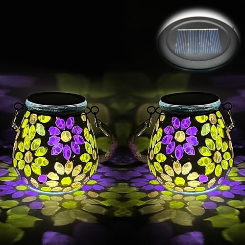 TOTHDATE 2PCS Solar Mosaik Leuchte Oval für Außen, On/Off Glas Mosaik Hängend Licht Solarlaterne Tischleuchte IP65 Wasserdicht für Rasen Pfad Hof Deck Boden Teich, Blumen Mosaik Licht