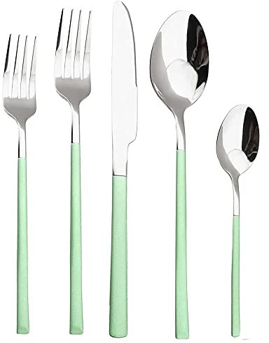 Cutlery Set 5Pcs Dinnerware Set Stainless Steel Tableware Set Knife Fork Spoon Dinner Set Black Gold Cutlery Set Kitchen Service for 6(Mint Green Silver)