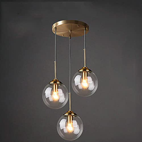Lustres luxueux, lustre à suspension en boule de verre transparent/gris fumé/ambre, cluster de lumière industriel vintage en laiton à 3 lumières, plafonnier à douille E27 pour cuisine/transparent