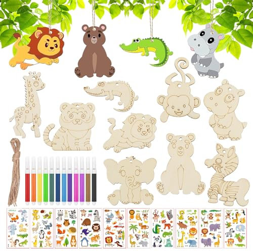 49 Stück Holz Basteln Kinder Bastelset Bastelsets für Kinder Bastelset Kinder Kindergeburtstag Basteln Bastelset Kindergeburtstag mit Schnur Aquarellstiften Tattoo-Aufklebern für Mädchen Jungen