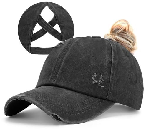 Epsoco Damen Baseballkappe mit überkreuztem Pferdeschwanz, Vintage-Stil, unordentlicher Dutt, Trucker, Ponycap für Outdoor-Sportarten, Schwarz, Einheitsgröße