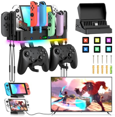 LED TV Dock Station & Soporte de pared para Nintendo Switch/OLED&Joycon,Cargador para conmutador consola y mando, con 15 modos de iluminación y 4 puertos USB, 2 ganchos