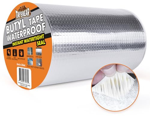 TAPEBEAR Butylband Wasserdichtes Klebeband 200mm x 10m, Starkes Dichtungsband Selbstklebend, Aluminium Klebeband Zur Reparatur Für Dachleckage Oberflächenriss Wohnwagen Rohr Glas Fenster, Silber