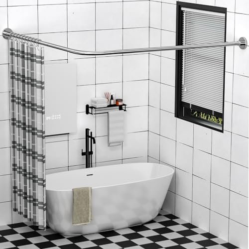 L Shaped Shower Curtain Rail, Adjustable (60-133 cm x 180-215 cm), Corner Shower Curtain Rail, Genuine 304 Stainless Steel, Unsagging, Drill-Free, 90° Corner Design, Includes 12 Shower Curtain Rings